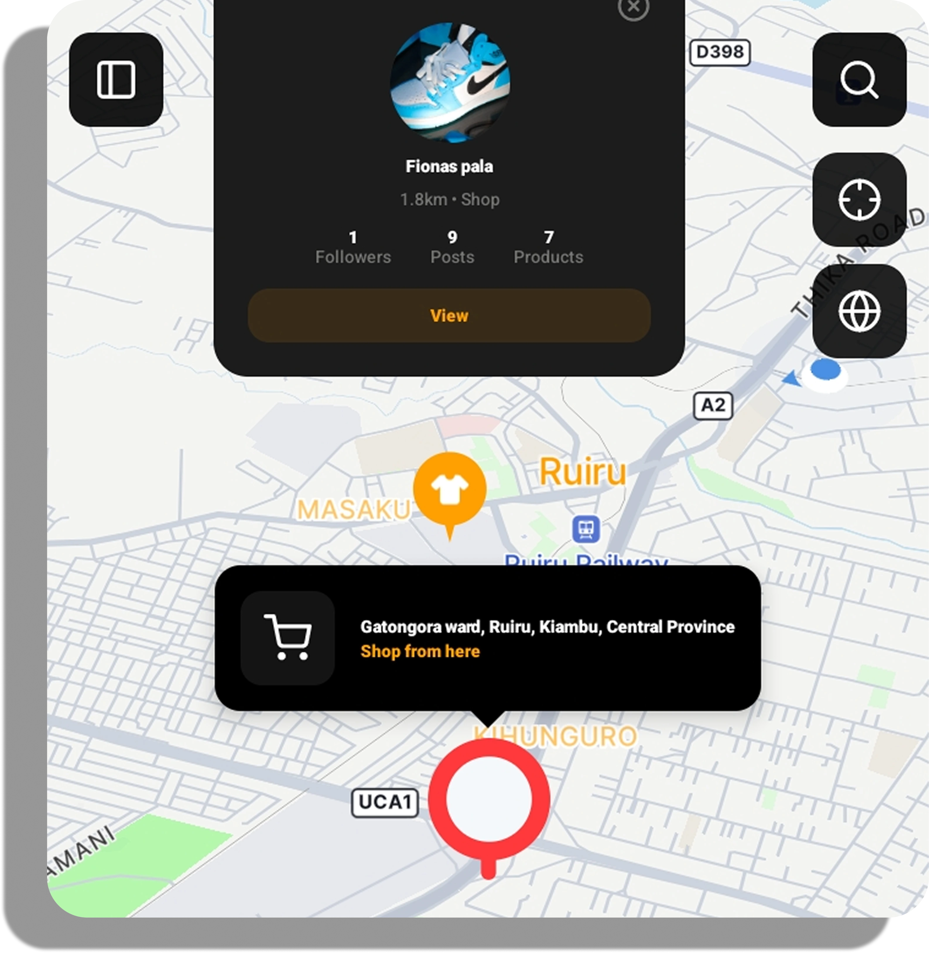 Map with an open shop pin